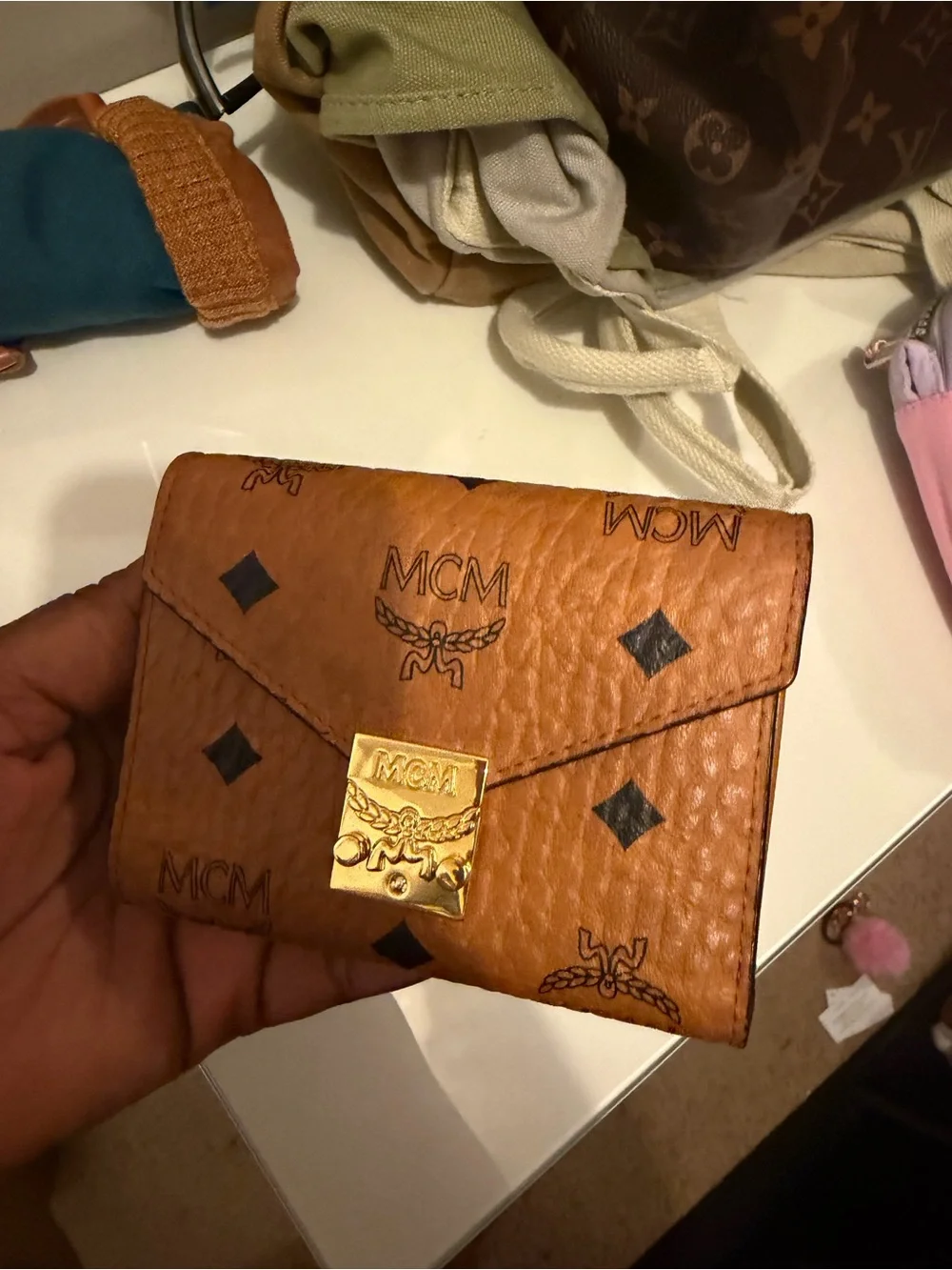 MCM Cognac Logo Envelope Card Holder with Gold Lock